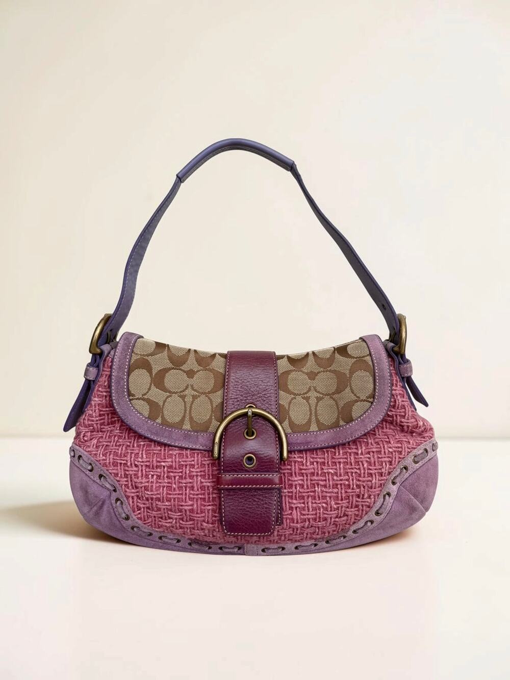 Vintage Coach Pink Tweed Lavender Suede Y2K Soho Flap Bag
